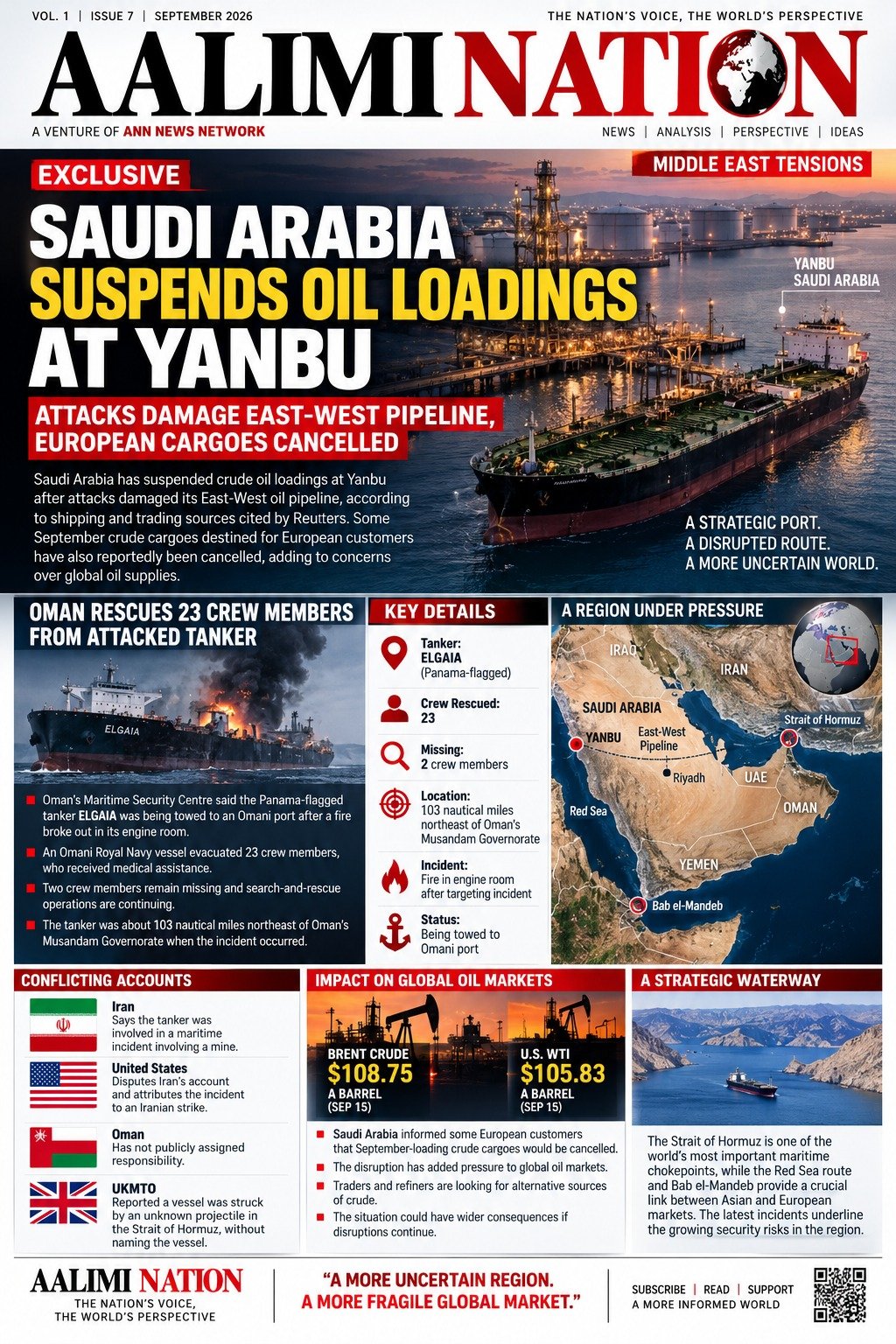 Saudi Arabia Suspends Yanbu Crude Loadings After Pipeline Damage as Tanker Incident Raises Regional Security Concerns