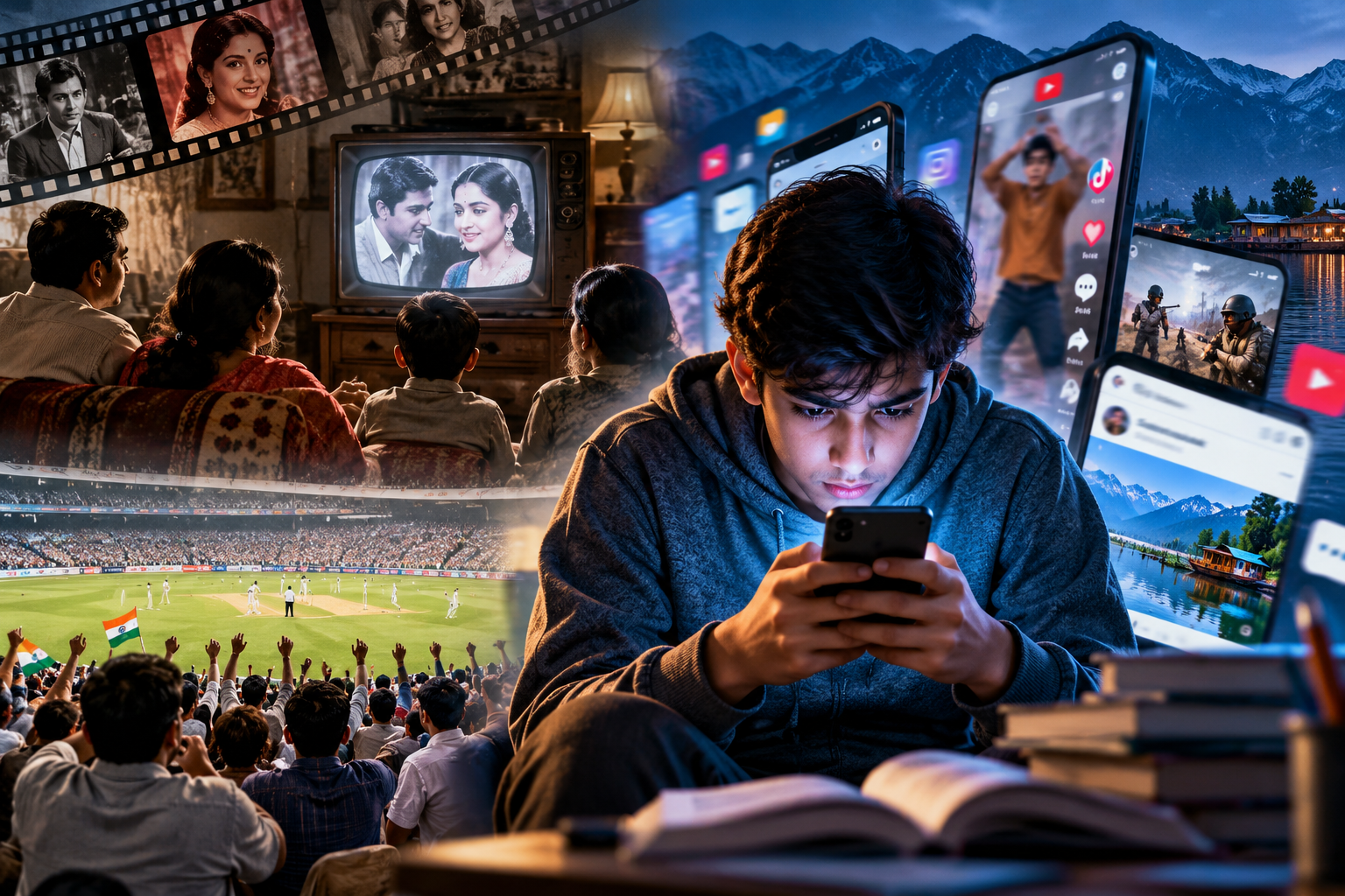 Teenager using a smartphone while books, a television and a cricket match symbolise changing attention habits in the digital age.